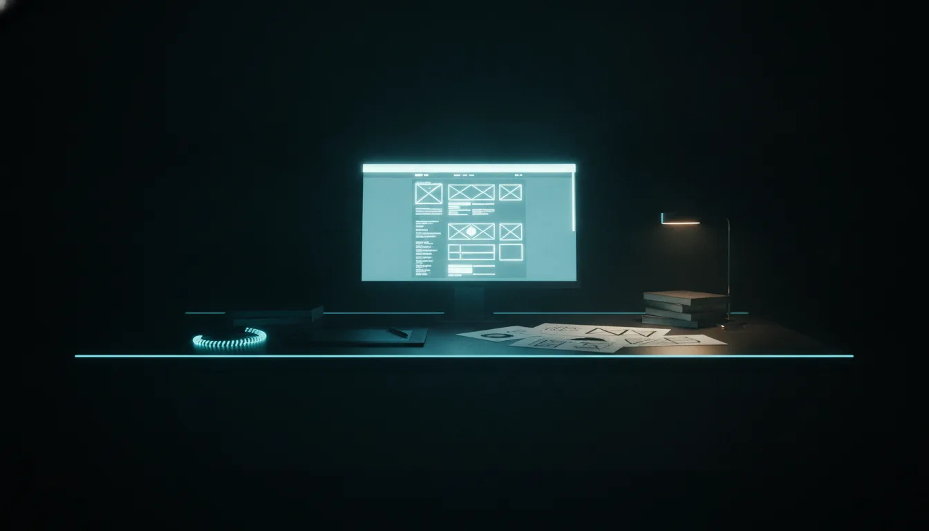 Postazione di web design buia con monitor che mostra wireframe, tavoletta grafica, appunti e dettagli luminosi al neon.