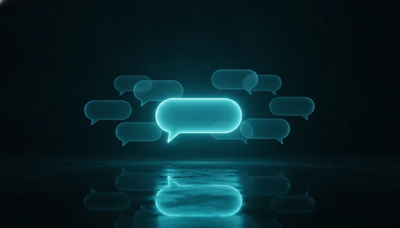 Interfaccia digitale con bolle di dialogo neon blu su fondo scuro riflettente.