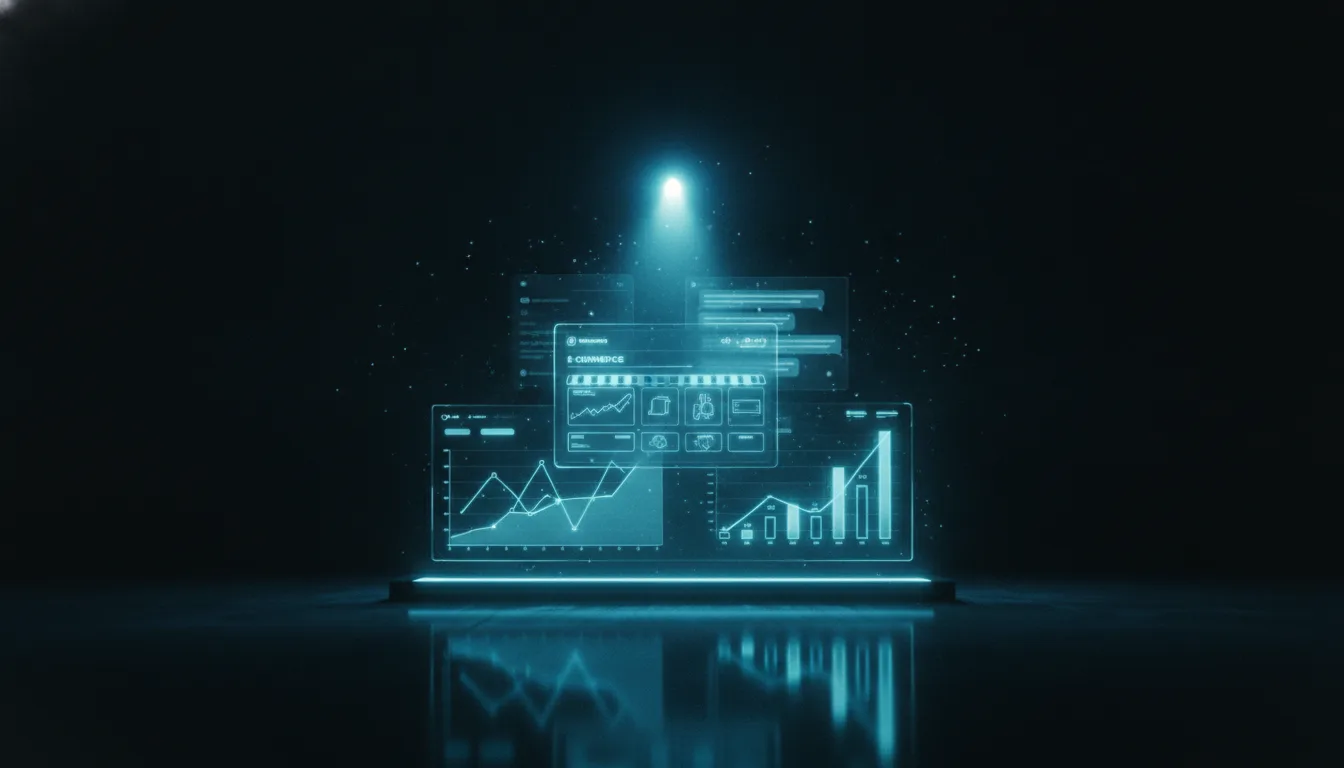 Schermo futuristico mostra dashboard e-commerce con grafici e dati di analisi. Perfetto per web design.