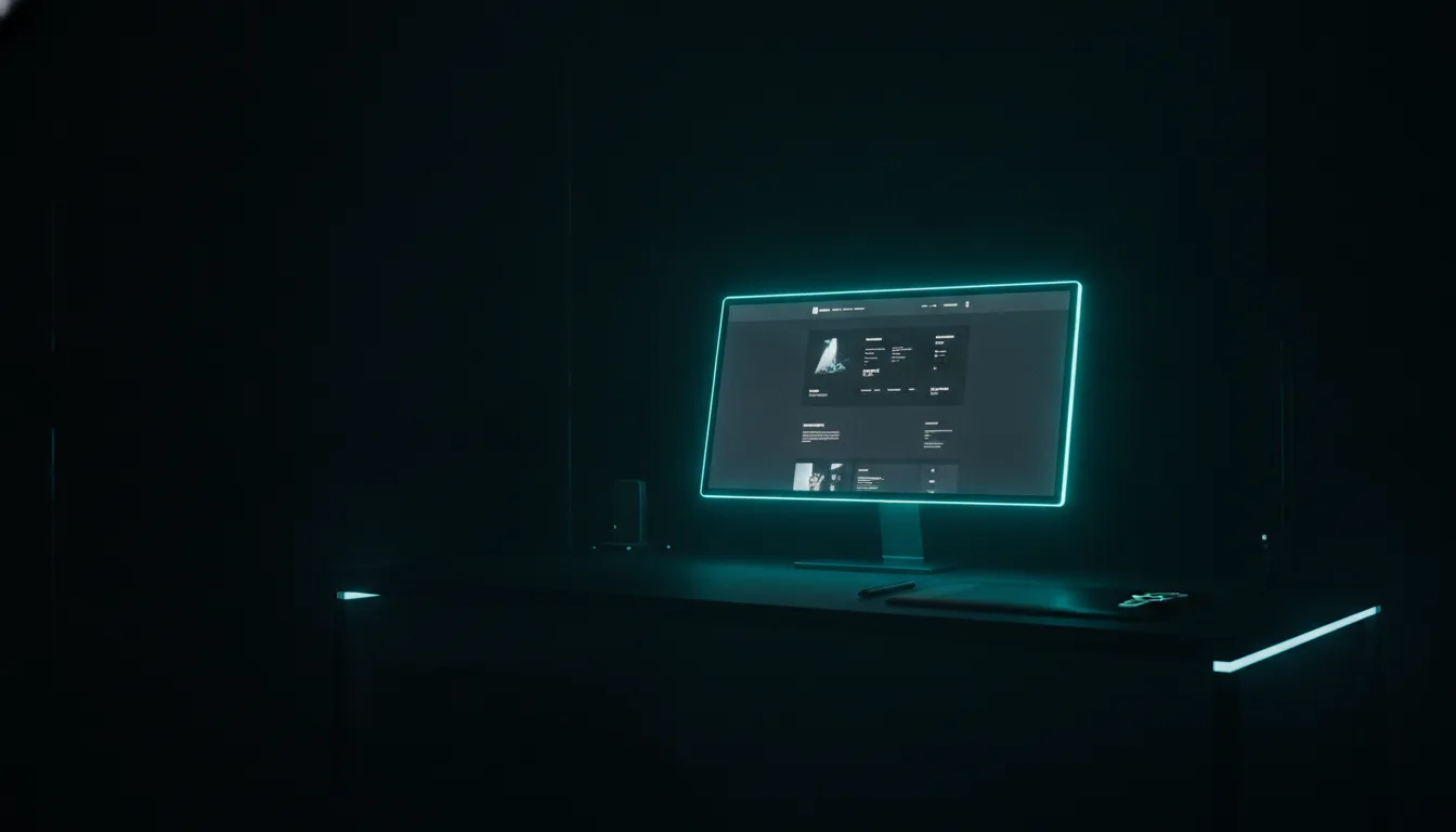 Monitor con bordo neon ciano su scrivania scura, mostra un'interfaccia web moderna. Scena tech minimalista.